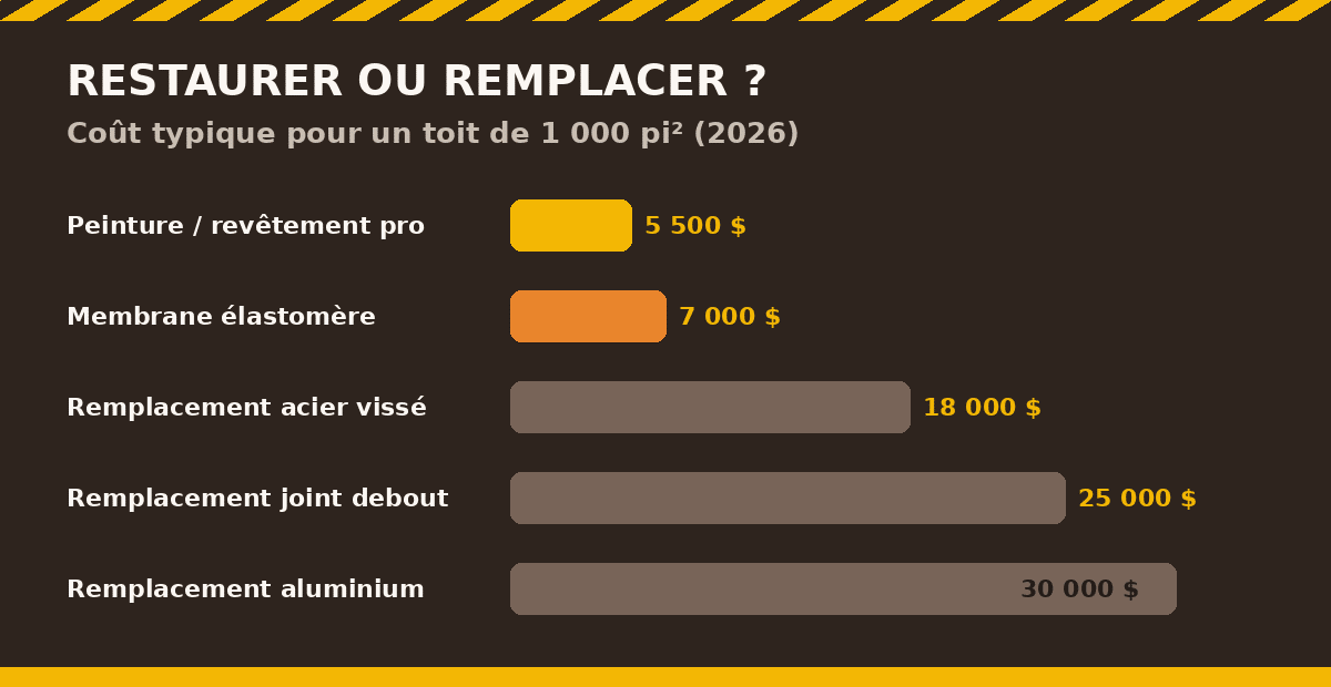 Comparatif des coûts 2026 entre peinture de toiture de tôle et remplacement au Québec